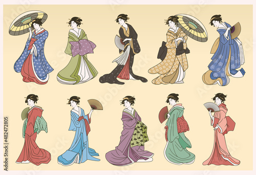 Fototapeta Set of colored japanese geisha with traditional clothes Vector