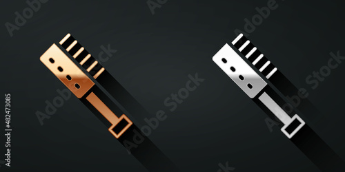 Gold and silver Sauna brush icon isolated on black background. Wooden brush with coarse bristles for washing in the bath. Anti cellulite massage. Long shadow style. Vector