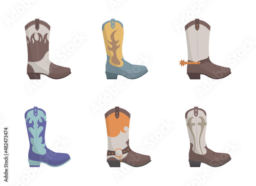 Isolated vector cowboy boots with ornament. Wild West theme. Flat style illustration.