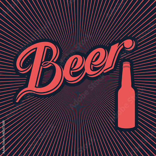 Beer calligraphic vintage poster or emblem design with bottle. Vector illustration.