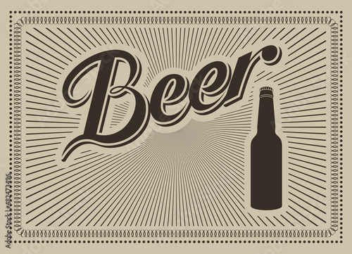 Beer calligraphic vintage poster with bottle. Vector illustration.