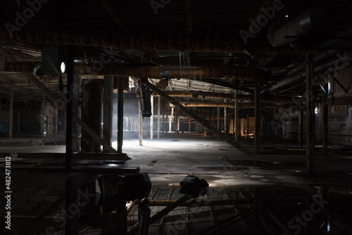 Abandoned shopping mall. Dark urban environment. Large scary place. destruction
