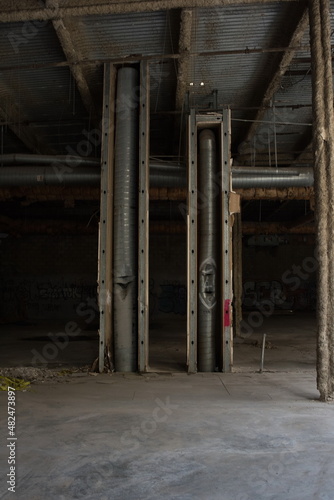 Abandoned shopping mall. Dark urban environment. Large scary place. destruction 