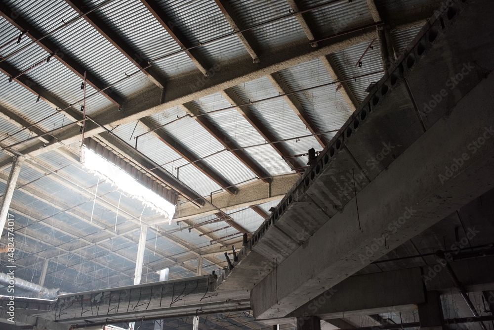 Abandoned shopping mall. Dark urban environment. Large scary place. destruction
