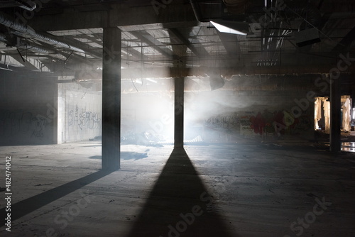 Abandoned shopping mall. Dark urban environment. Large scary place. destruction
