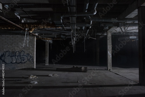 Abandoned shopping mall. Dark urban environment. Large scary place. destruction
