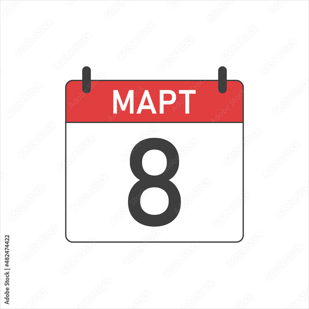 Calendar icon for March 8. March 8 on a white background. Calendar icon for March 8. March 8 on a white background.