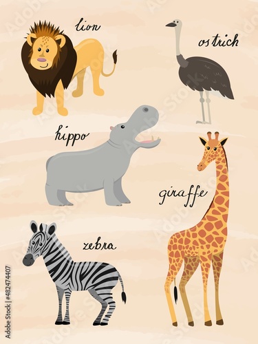 cute cartoon african animals nursery poster, natural beige background, vector illustration for children and kids