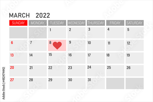Calendar page with marked date of International Women's Day