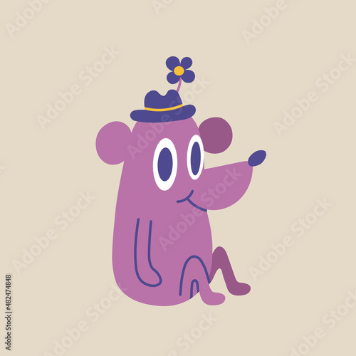 Cute mouse in a hat sits, cartoon style, funny Comic character.
