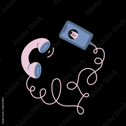 Retro Landline phone with smartphone, cartoon style.