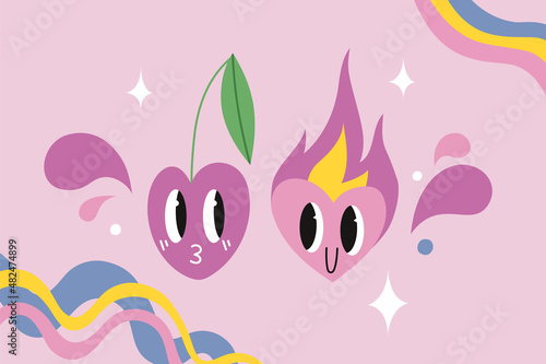 Cute burning heart and and sweet cherry in love  cartoon style