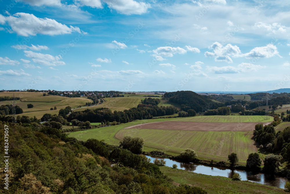 Fototapeta premium Summer landscape with river and blue clouds