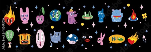 Big set of various funny comic cute characters and doodles such as tiger, cherry, alien, burning heart.