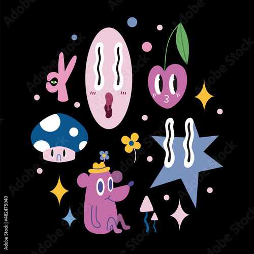 Set of colored Vector illustartions in Cartoon Flat design, funny comic cute characters and doodles