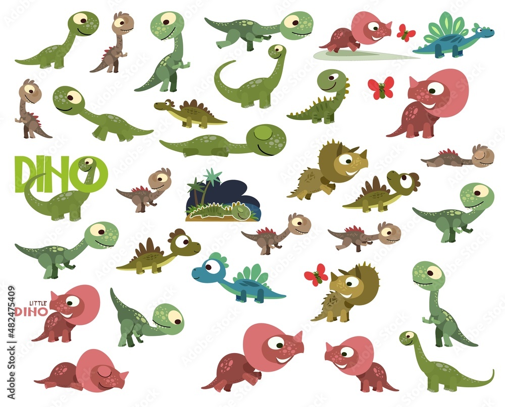 Obraz premium Cartoon dinosaurs. Cute dino toys. Children characters baby. Big set. Isolated on white background. Vector