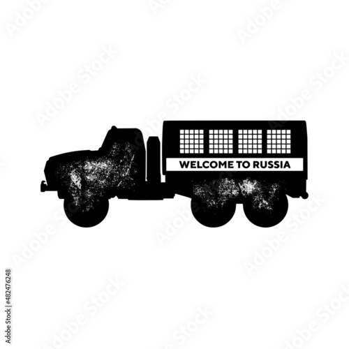 Russian police cars prison autozak logo and icon. Print welcome to Russia to stylish t-shirt and clothes fashion design