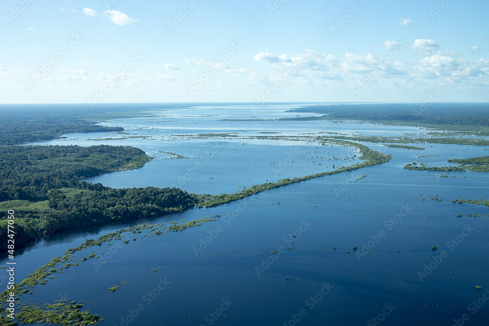 Aerial view of the Rio Negro and the islands that form the Anavilhas archipelago, in the Brazilian Amazon.