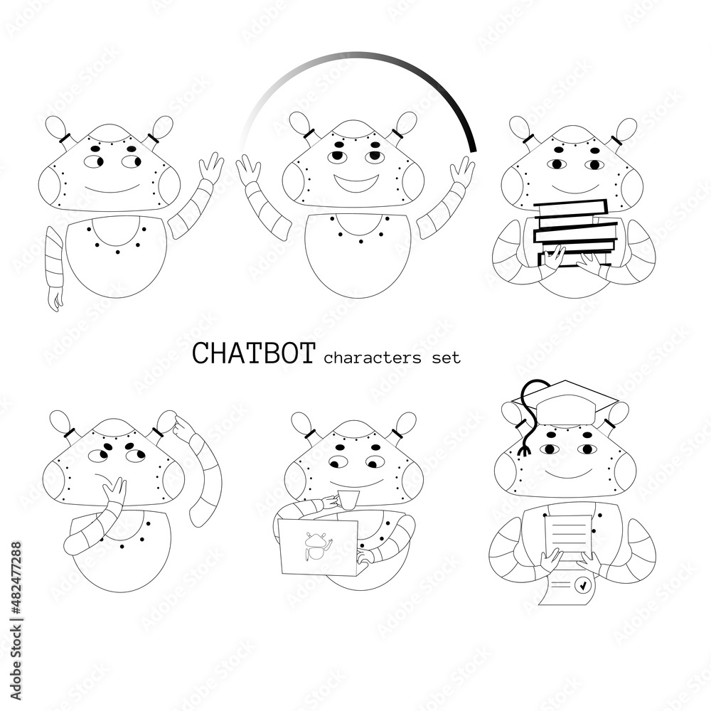 Chat bot characters set. Black line illustration chatbots. Cute robot chracters. Mascot robot. Clip art ai. Vector illustration