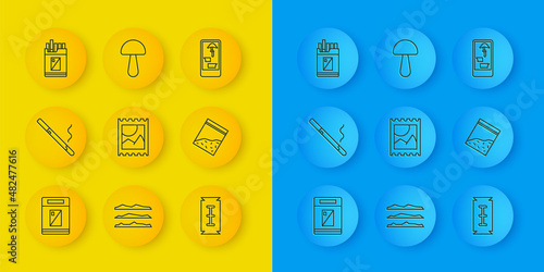 Set line Cigarettes pack box, LSD acid mark, Blade razor, Plastic bag of drug, Open cigarettes, Buying drugs online on phone and Psilocybin mushroom icon. Vector