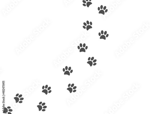 Fototapeta Naklejka Na Ścianę i Meble -  Paw print of cat, dog. Pawprint on white banner. Pet footprint trail walk. Animal foot track. Step silhouette icon. Pet shop symbol. Pitch shape. Puppy way trace. Vector illustration