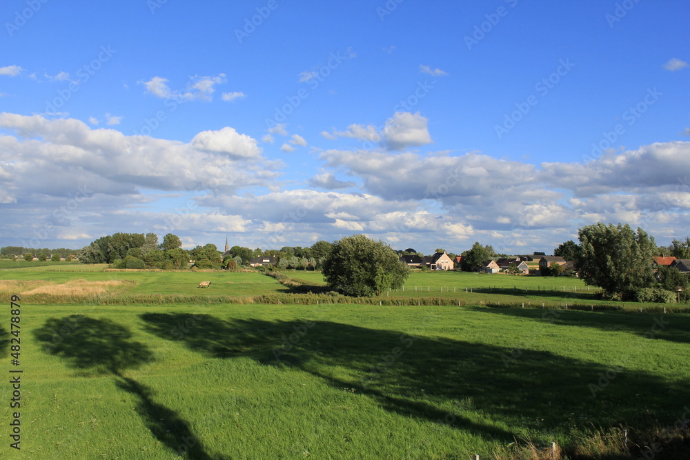 a typical dutch landscape with an old green grassland with ditches and trees and a little village 'Vogelwaarde' in zeeland and blue sky with white clouds in the background