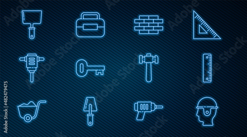 Set line Worker safety helmet, Ruler, Bricks, Old key, Electric rotary hammer drill, Putty knife, Hammer and Toolbox icon. Vector