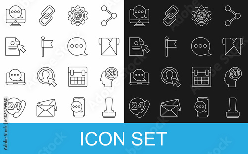 Set line Stamp, Mail and e-mail, Envelope, Location marker, Document cursor, Chat messages notification monitor and Speech bubble chat icon. Vector