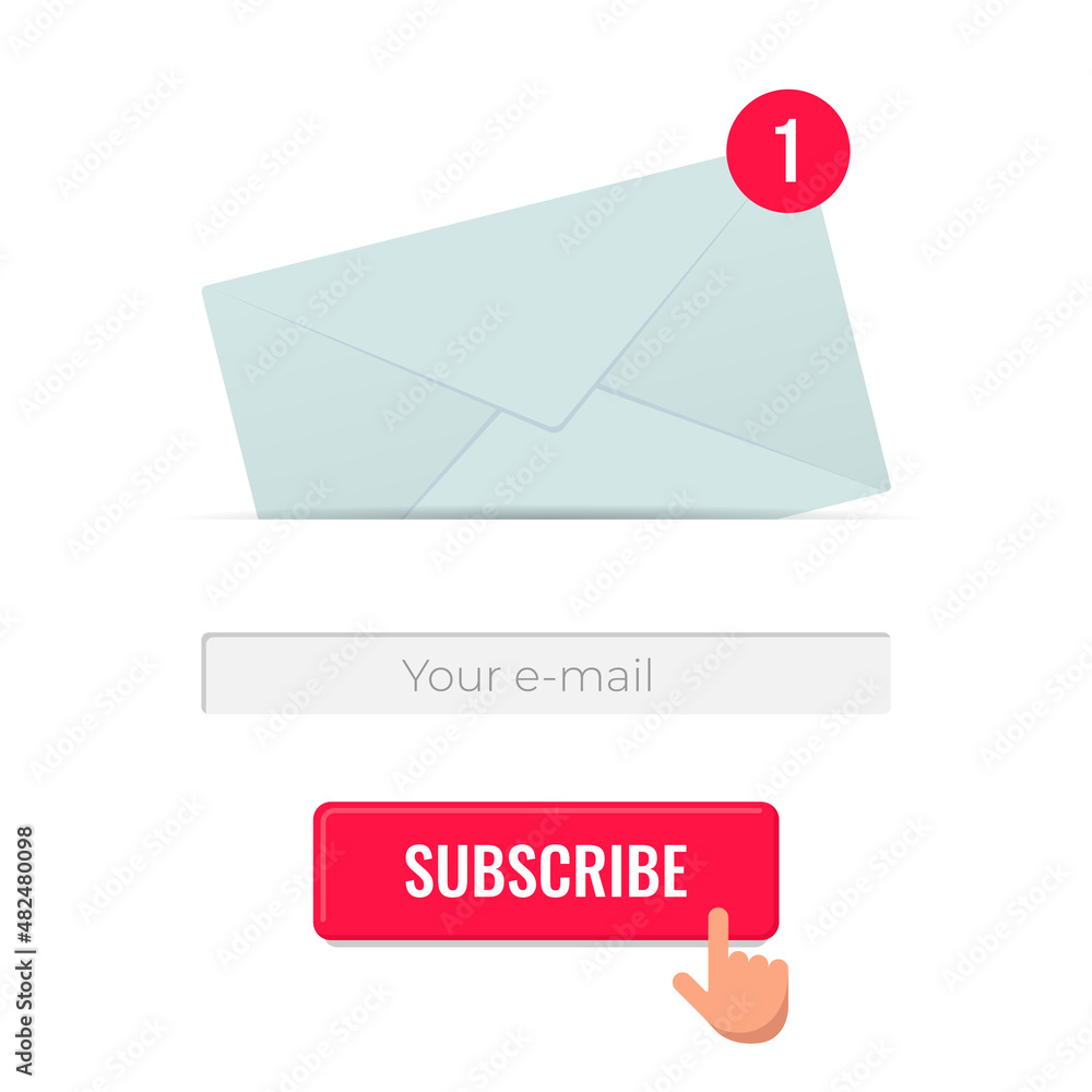 Newsletter subscription design template for site form of email subscribe. Envelope with letter and e-mail address input for register. Vector eps illustration Newsletter subscription design template for site form of email subscribe. Envelope with letter and e-mail address input for register. Vector eps illustration