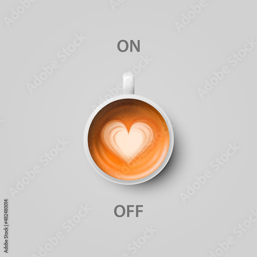 Vector 3d Realistic Off, On Switch with Coffee in White Ceramic, Porcelain Coffee Mug on Whitek. Latte, Capuccino. Coffee Cup Icon. Concept Creative Banner with Coffee Cup. Design Template. Top View