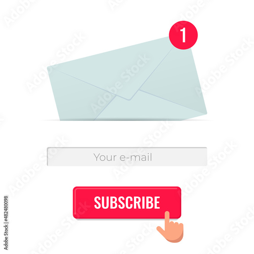 Newsletter subscription design template for site form of email subscribe. Envelope with letter and e-mail address input for register. Vector eps illustration