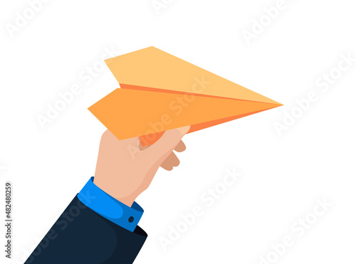 Paper plane in businessman hand in suit isolated on white background. Concept of leadership, inspiration and successful strategic planning. Business man hold handmade airplane in. Eps illustration