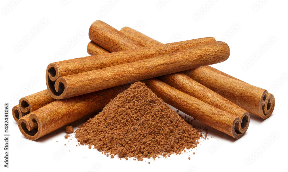 Group of delicious cinnamon sticks and powder, isolated on white background Group of delicious cinnamon sticks and powder, isolated on white background