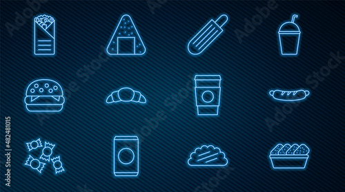 Set line Chicken nuggets in box, Hotdog sandwich, French hot, Croissant, Burger, Doner kebab, Coffee cup to go and Onigiri icon. Vector