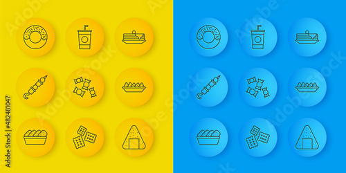 Set line Chicken nuggets in box, Grilled shish kebab, Candy, Onigiri, Nachos plate, Donut, Stack of pancakes and Paper glass with straw icon. Vector