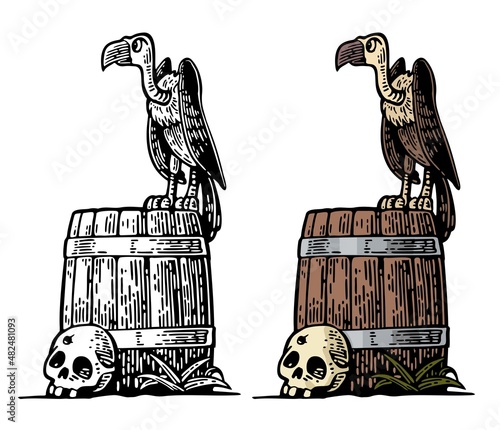 Griffin sitting on barrel with skull. Vector color hand drawn vintage engraving