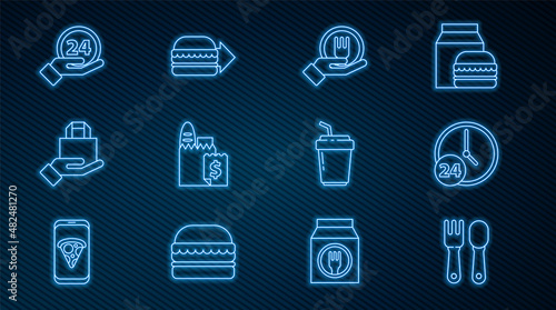 Set line Fork and spoon, Clock 24 hours, Online ordering delivery, Coffee cup to go and burger icon. Vector