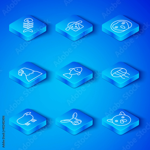 Set line Sheep, Fish, Rabbit head, Jellyfish, Owl bird, Eagle, skeleton and Cat icon. Vector photo