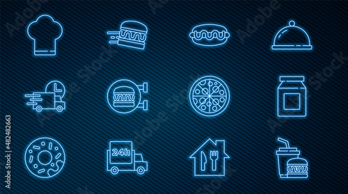Set line Paper glass and burger, Online ordering delivery, Hotdog sandwich, Fast by car, Chef hat, Pizza and icon. Vector