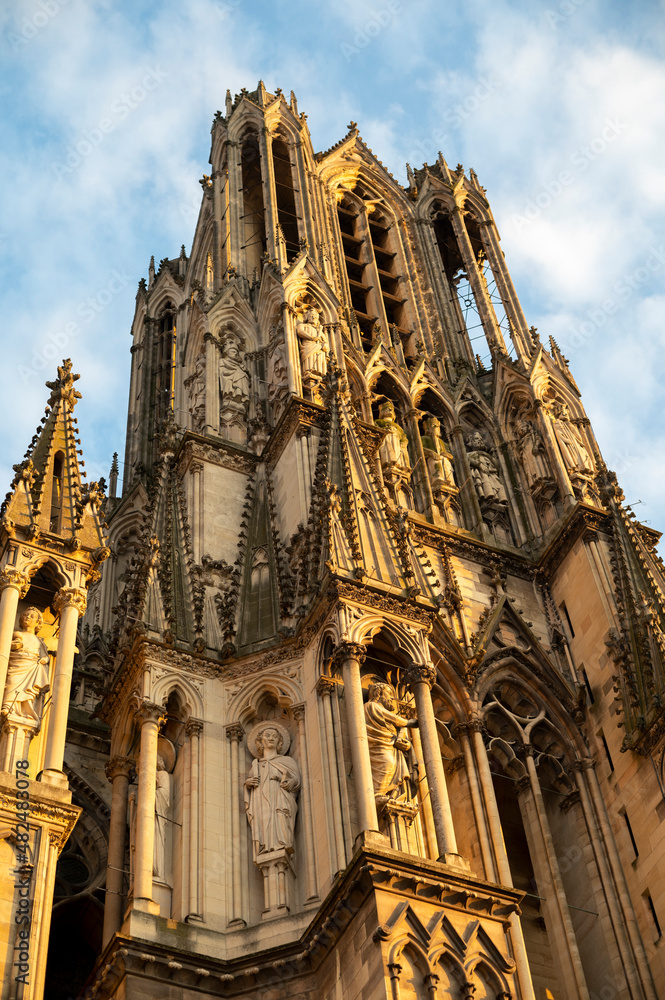 View on gothic Roman Catholic cathedral church Notre-Dame in central part of old French city Reims, France