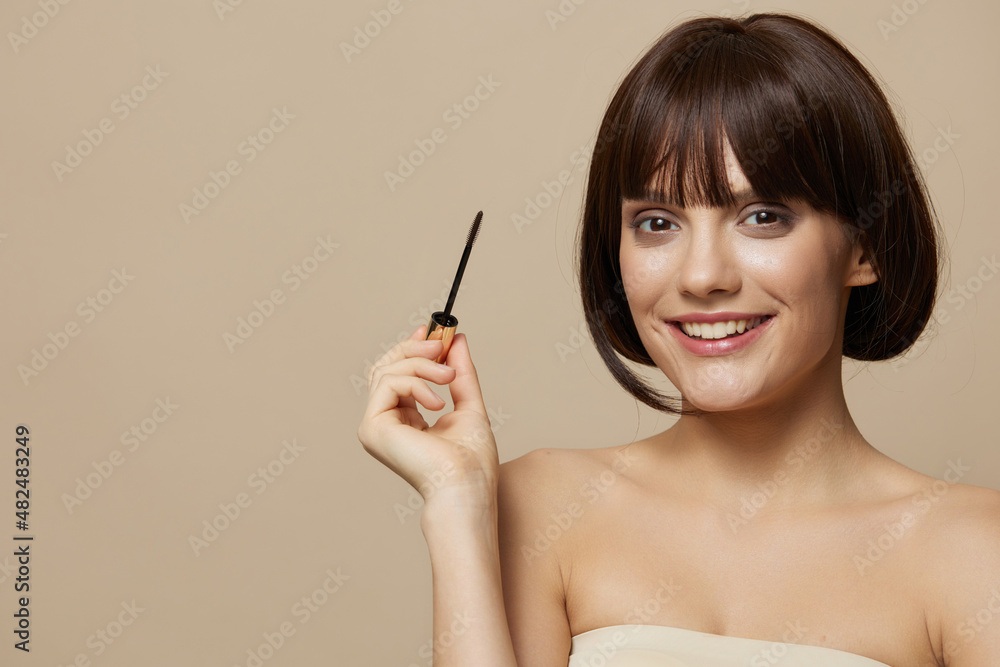 brunette smile mascara charm short haircut isolated background brunette smile mascara charm short haircut isolated background
