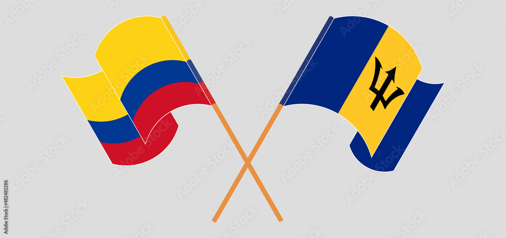 Crossed and waving flags of Colombia and Barbados Crossed and waving flags of Colombia and Barbados