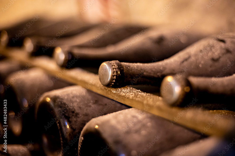 Visit of deep and long undergrounds caves for making champagne sparkling wine from chardonnay and pinor noir grapes in Reims, Champagne, France