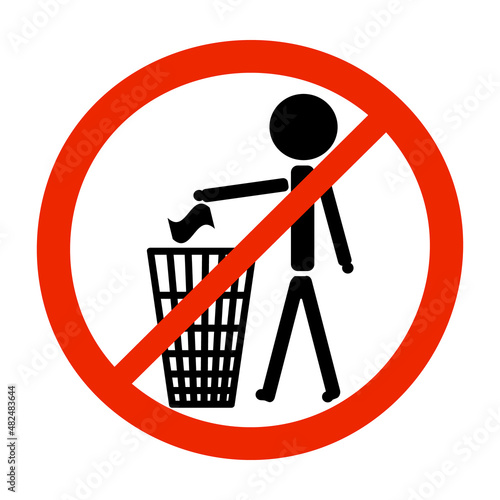 Do not litter symbol isolated on white background.Trash bin with human figure in round red ban sign.Trash icon.Sort garbage.Prohibition of littering.Ban on disposing of the battery.Vector illustration photo