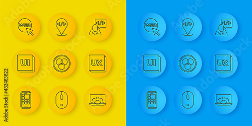 Set line Mobile Apps, UI or UX design, RGB and CMYK color mixing, Web development, graphic, Front end and icon. Vector
