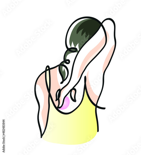 One line drawing of woman scratching her itchy back. 
One continuous line drawing of allergy rash.


