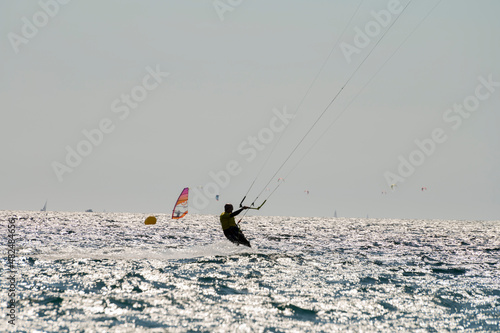 Hyeres, Almanarre beach, France, July 10, 2021. Extreem water sport - wing foil, kite surfing, wind surfindg, windy day on Almanarre beach near Toulon, South of France