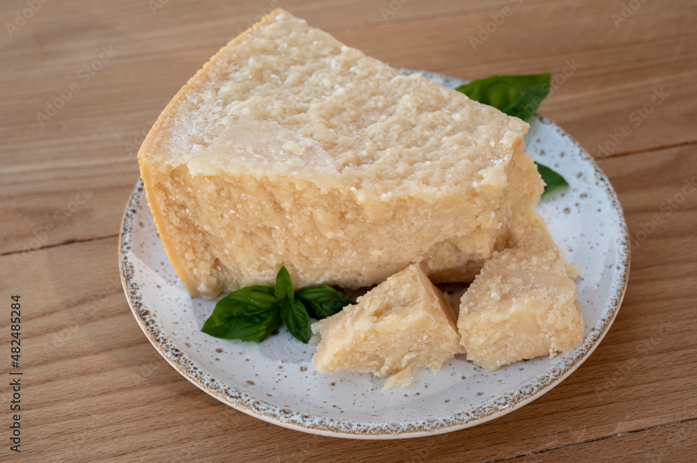Cheese collection, piece of matured cow cheese pasmesan parmigiano reggiano made from cow milk