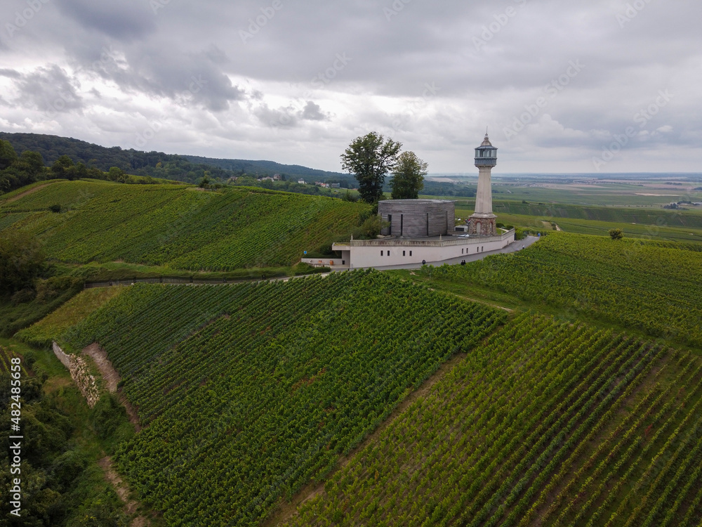 View on lighthouse and green pinot noir grand cru vineyards of famous champagne houses in Montagne de Reims near Verzenay, Champagne, France