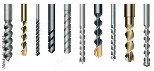 Drill bits set of steel or metal with different twist shapes. Collection professional nozzles for drill hammer or screwdriver. Vector icons isolated on white background